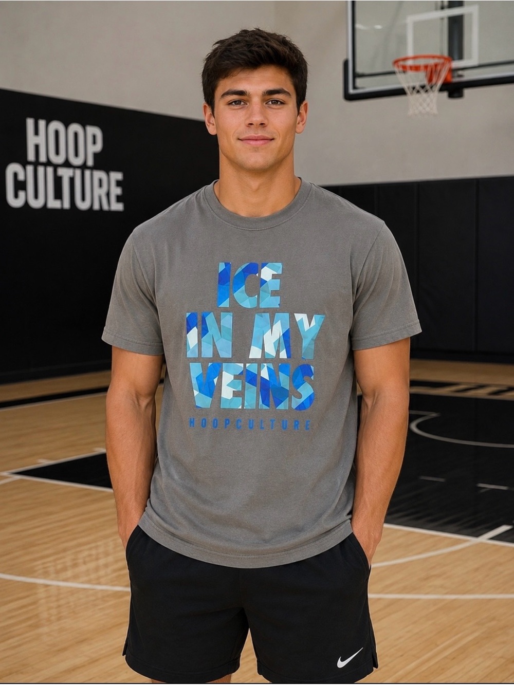 Hoop Culture Men’s Gray “Ice In My Veins” Graphic Basketball T-Shirt